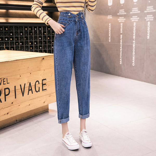 Ikdienas sieviešu džinsi ar augstu vidukli un metāla elementiem