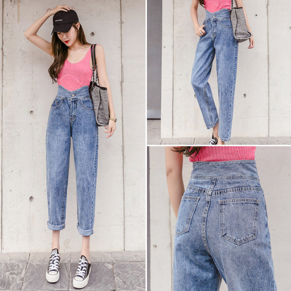 Laisvalaikiai moteriški džinsai aukštu juosmeniu ir kišenėmis – ilgis 9/10