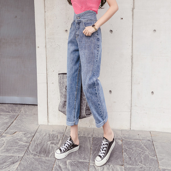 Laisvalaikiai moteriški džinsai aukštu juosmeniu ir kišenėmis – ilgis 9/10