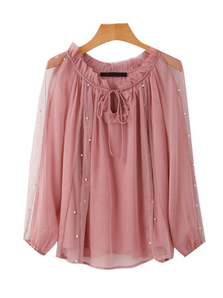 Modern női blúz rózsaszín, nyakkendővel és kerek nyakkivágással