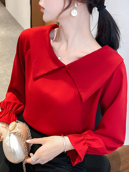 Bluză de damă elegantă cu decolteu spitz cu mâneci lungi de culoare roșie