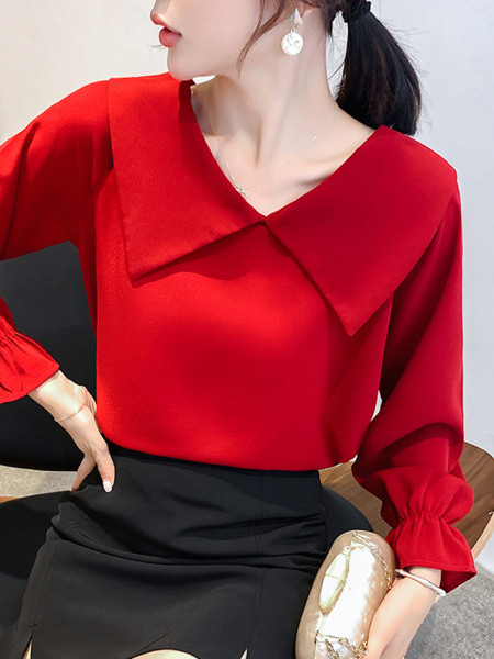 Bluză de damă elegantă cu decolteu spitz cu mâneci lungi de culoare roșie