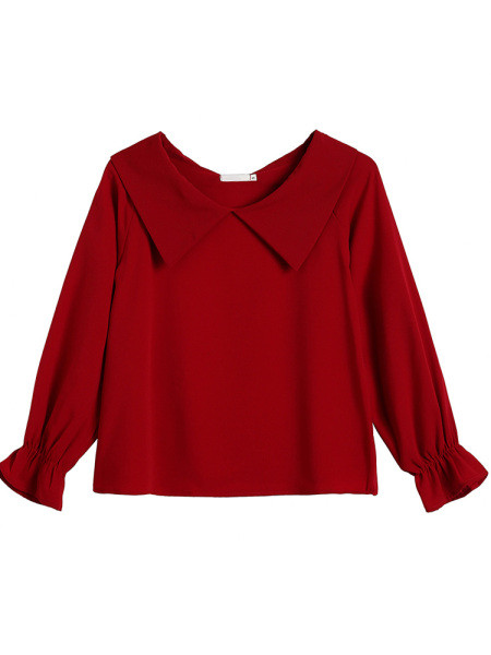 Bluză de damă elegantă cu decolteu spitz cu mâneci lungi de culoare roșie