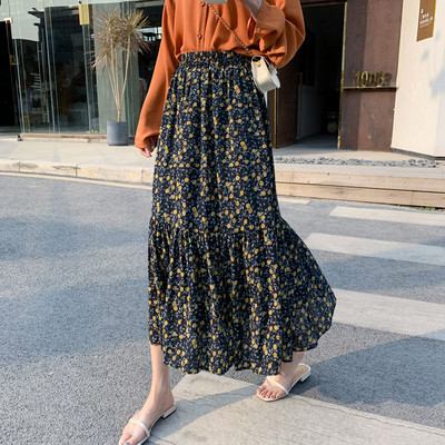 Kivágott modell női szoknya virágos motívumokkal - magas derék