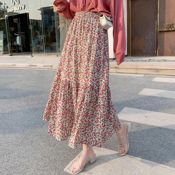 Kivágott modell női szoknya virágos motívumokkal - magas derék