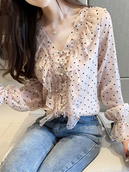 Női alkalmi pöttyös ing spitz nyakkivágással és gombokkal