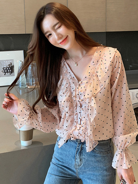 Női alkalmi pöttyös ing spitz nyakkivágással és gombokkal