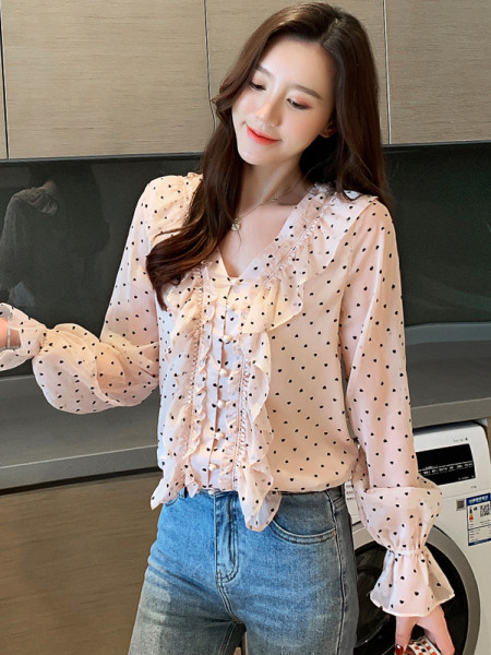 Női alkalmi pöttyös ing spitz nyakkivágással és gombokkal