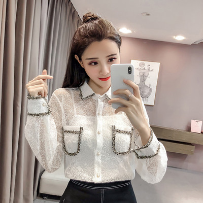 Sieviešu moderns mežģīņu krekls ar akmeņiem un klasisku apkakli