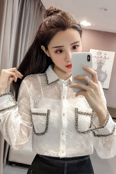 Sieviešu moderns mežģīņu krekls ar akmeņiem un klasisku apkakli