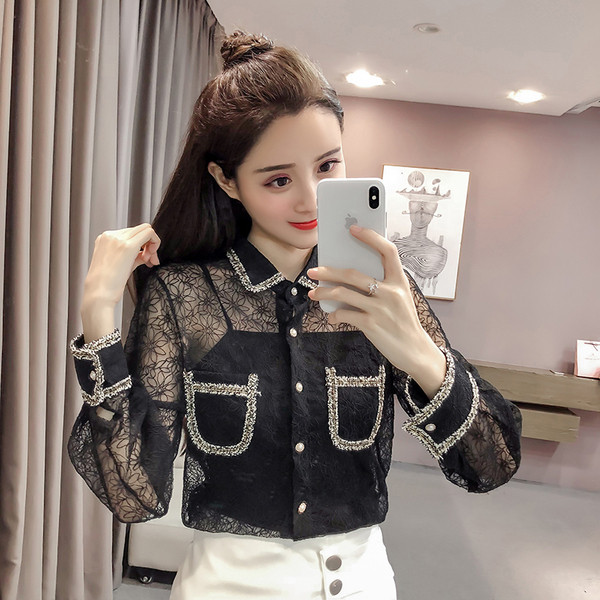 Sieviešu moderns mežģīņu krekls ar akmeņiem un klasisku apkakli