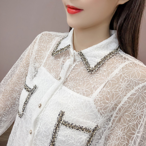 Sieviešu moderns mežģīņu krekls ar akmeņiem un klasisku apkakli