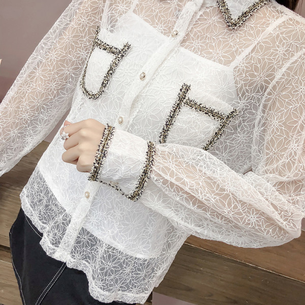 Sieviešu moderns mežģīņu krekls ar akmeņiem un klasisku apkakli