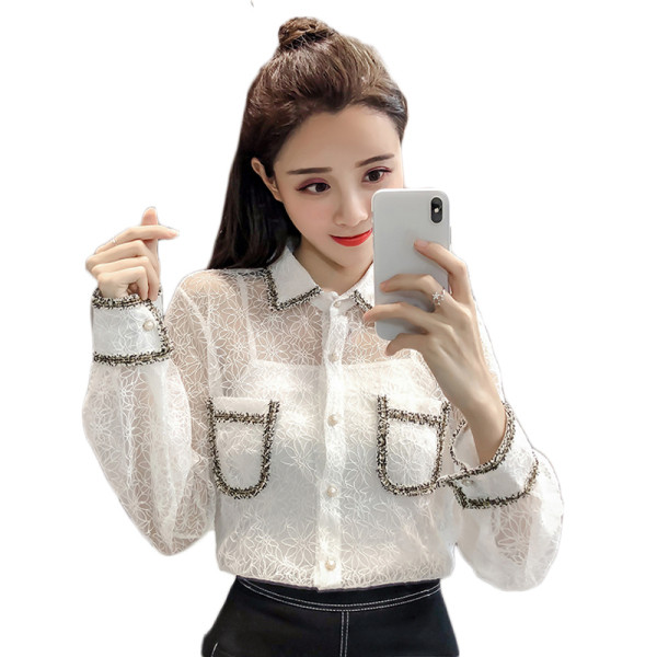 Sieviešu moderns mežģīņu krekls ar akmeņiem un klasisku apkakli