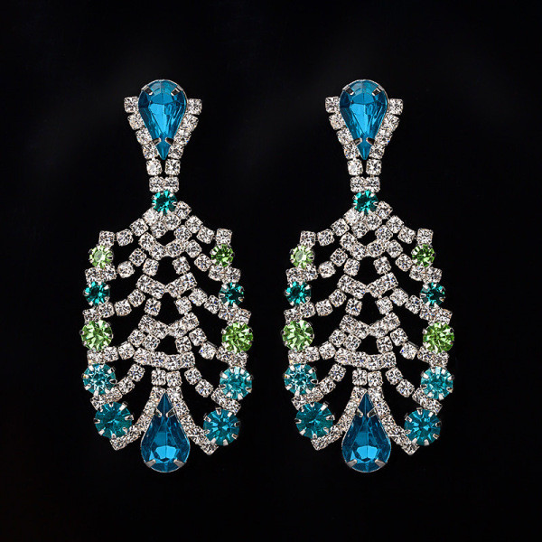 Elegáns női lógó fülbevaló kék és zöld kövekkel