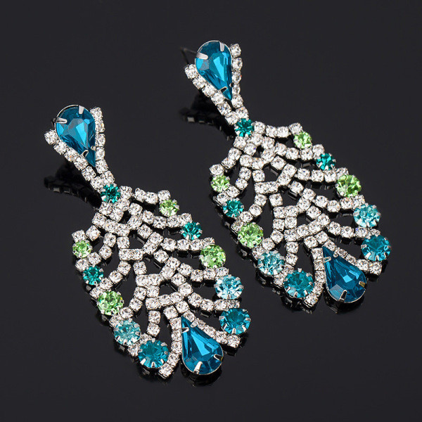 Elegáns női lógó fülbevaló kék és zöld kövekkel