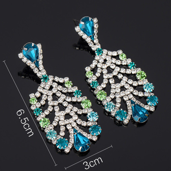 Elegáns női lógó fülbevaló kék és zöld kövekkel