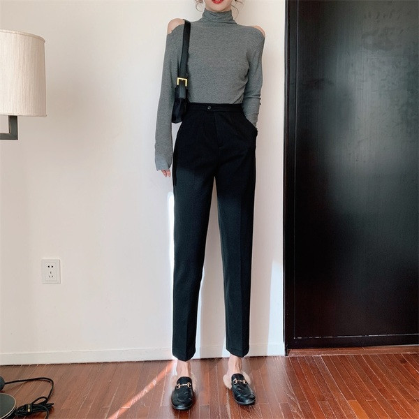 Modern női nadrág magas derékkal és zsebekkel