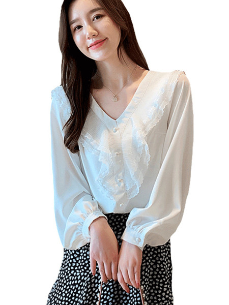 Moteriški laisvalaikio marškiniai balti ilgomis rankovėmis ir špico iškirpte