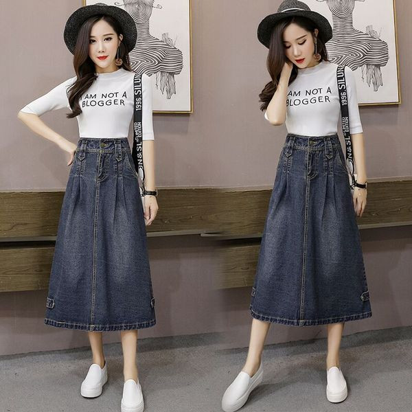 Modernus moteriškas ilgas džinsinis sijonas aukštu juosmeniu ir sagomis