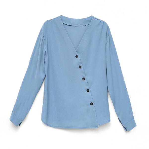 Sieviešu stilīgs krekls zilā krāsā ar špica kakla izgriezumu ar garām piedurknēm