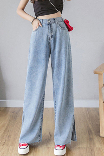 Mūsdienīgi sieviešu džinsi ar augstu vidukli un šķēlumu - plats modelis