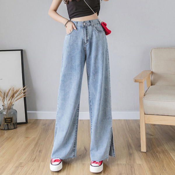 Mūsdienīgi sieviešu džinsi ar augstu vidukli un šķēlumu - plats modelis