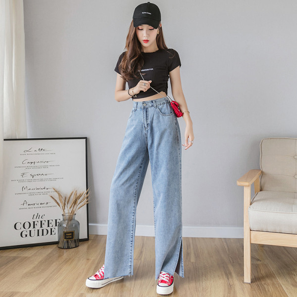 Mūsdienīgi sieviešu džinsi ar augstu vidukli un šķēlumu - plats modelis