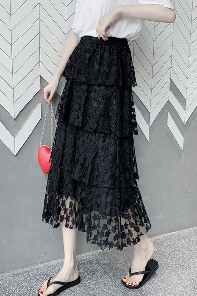 Ikdienas sieviešu gari mežģīņu svārki ar augstu vidukli