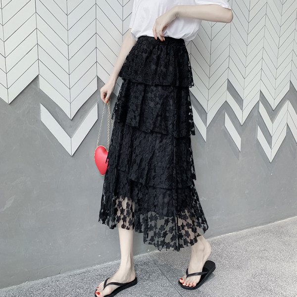 Ikdienas sieviešu gari mežģīņu svārki ar augstu vidukli