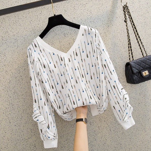 Jauna modeļa sieviešu blūze ar špica kakla izgriezumu, rakstu un garām piedurknēm