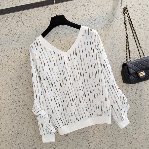 Jauna modeļa sieviešu blūze ar špica kakla izgriezumu, rakstu un garām piedurknēm