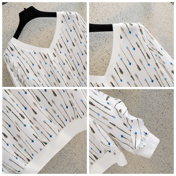 Jauna modeļa sieviešu blūze ar špica kakla izgriezumu, rakstu un garām piedurknēm