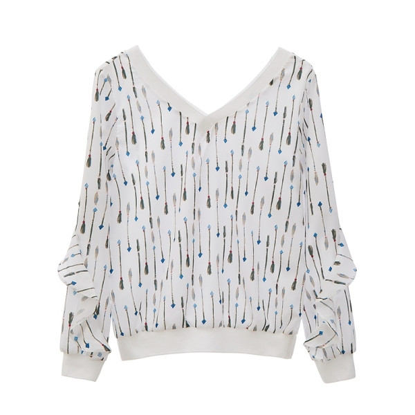 Jauna modeļa sieviešu blūze ar špica kakla izgriezumu, rakstu un garām piedurknēm