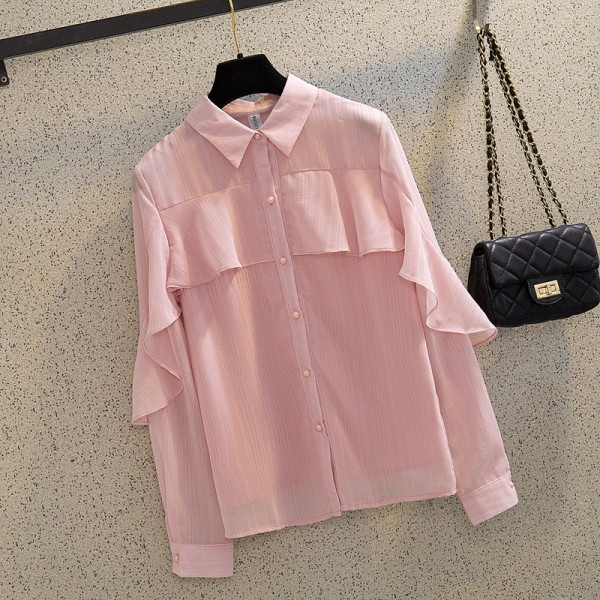 Moodne naiste särk klassikalise krae ja pikkade šifoonist varrukatega