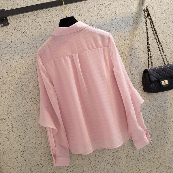 Moodne naiste särk klassikalise krae ja pikkade šifoonist varrukatega