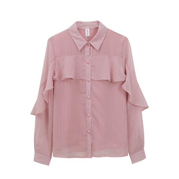 Moodne naiste särk klassikalise krae ja pikkade šifoonist varrukatega