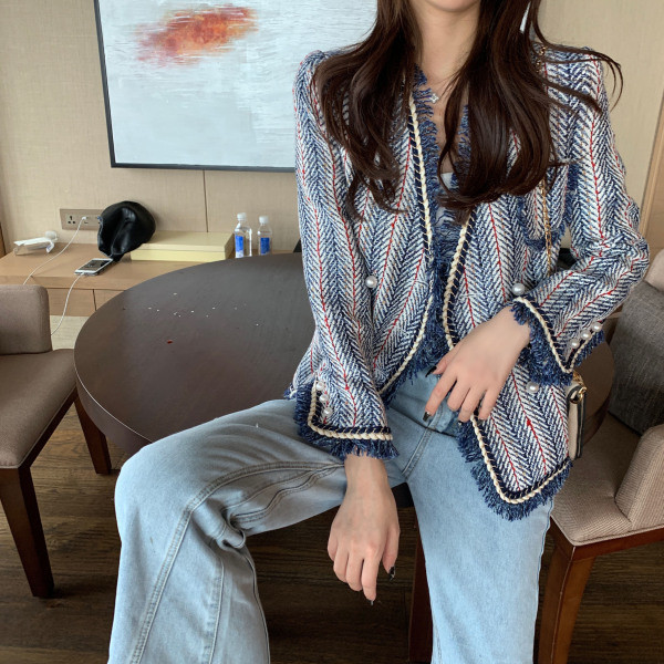 Jauna modeļa pavasara sieviešu jaka zilā krāsā ar pērlēm