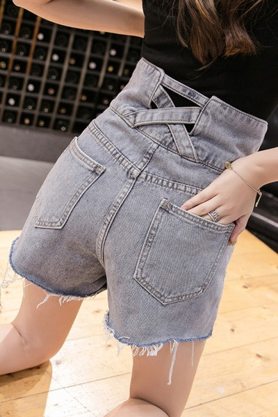 Pantaloni scurți casual de damă din denim, cu talie înaltă și motive rupte