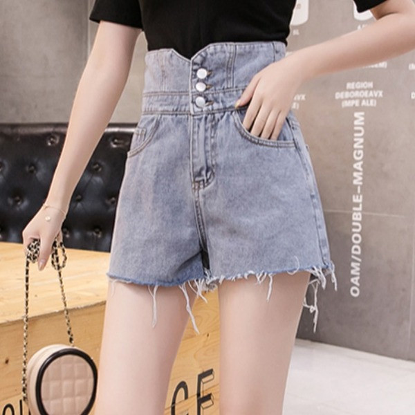 Pantaloni scurți casual de damă din denim, cu talie înaltă și motive rupte