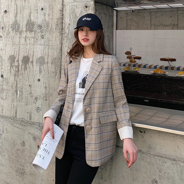 Tavaszi kockás női kabát V-nyakú és hosszú ujjú