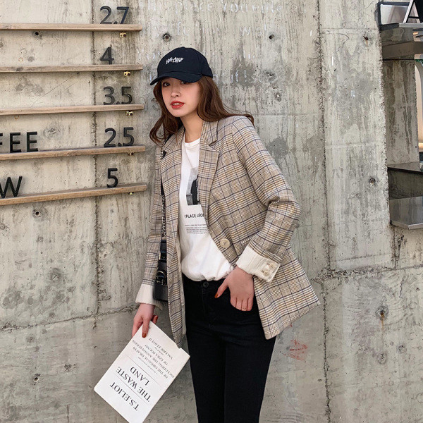 Tavaszi kockás női kabát V-nyakú és hosszú ujjú