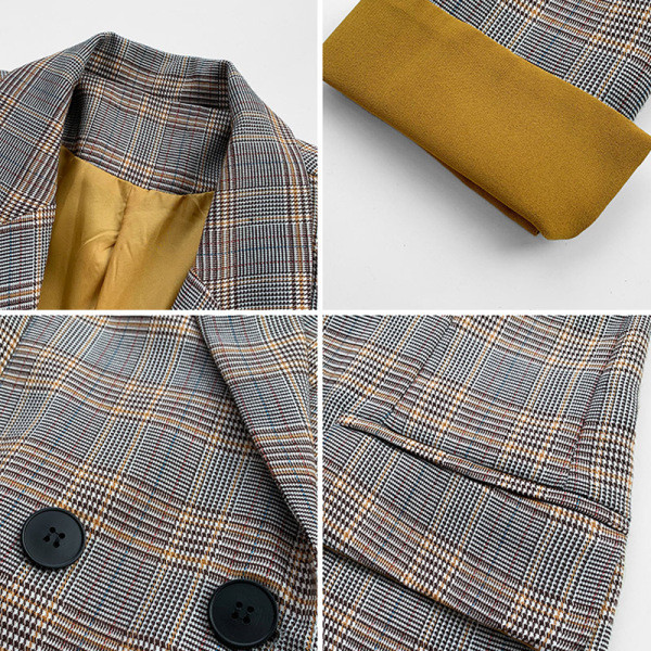 Stílusos kockás női kabát széles modell V-alakú gallérral és hosszú ujjakkal