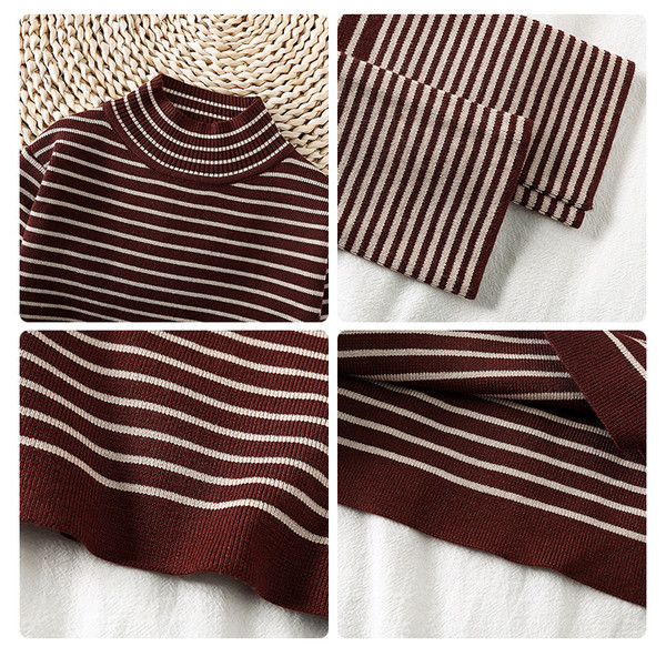 Női csíkos blúz magas gallérral és hosszú ujjal