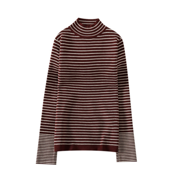 Női csíkos blúz magas gallérral és hosszú ujjal