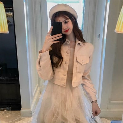 Пролетна дамска рокля с тюл + късо яке с копчета и джобове