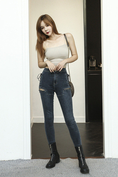 Blugi casual de dama cu talie inalta, fermoar si sireturi