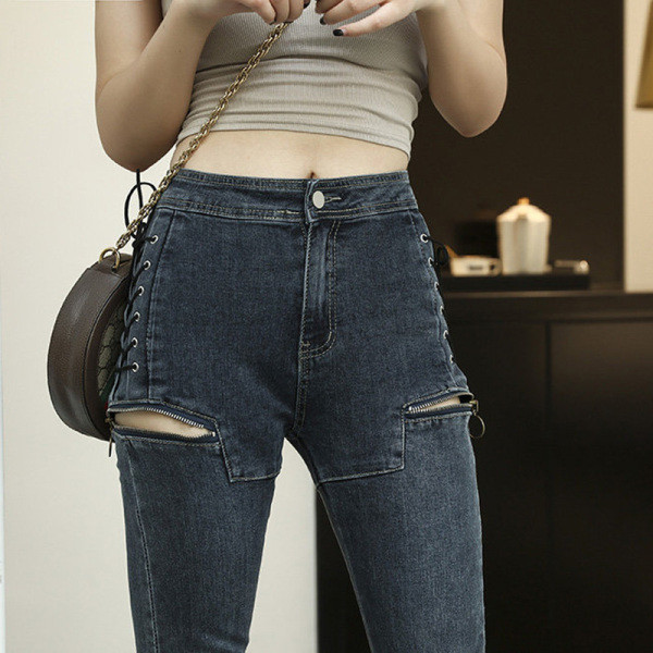 Blugi casual de dama cu talie inalta, fermoar si sireturi