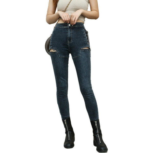 Blugi casual de dama cu talie inalta, fermoar si sireturi