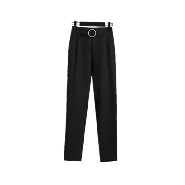 Stilīgas sieviešu melnas taisnas bikses ar augstu vidukli un jostu ar apaļu sprādzi